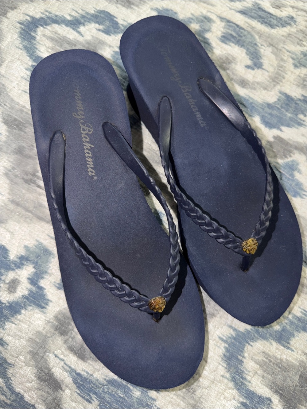 Tommy Bahama Navy Braided Thong Sandals with Gold Accent